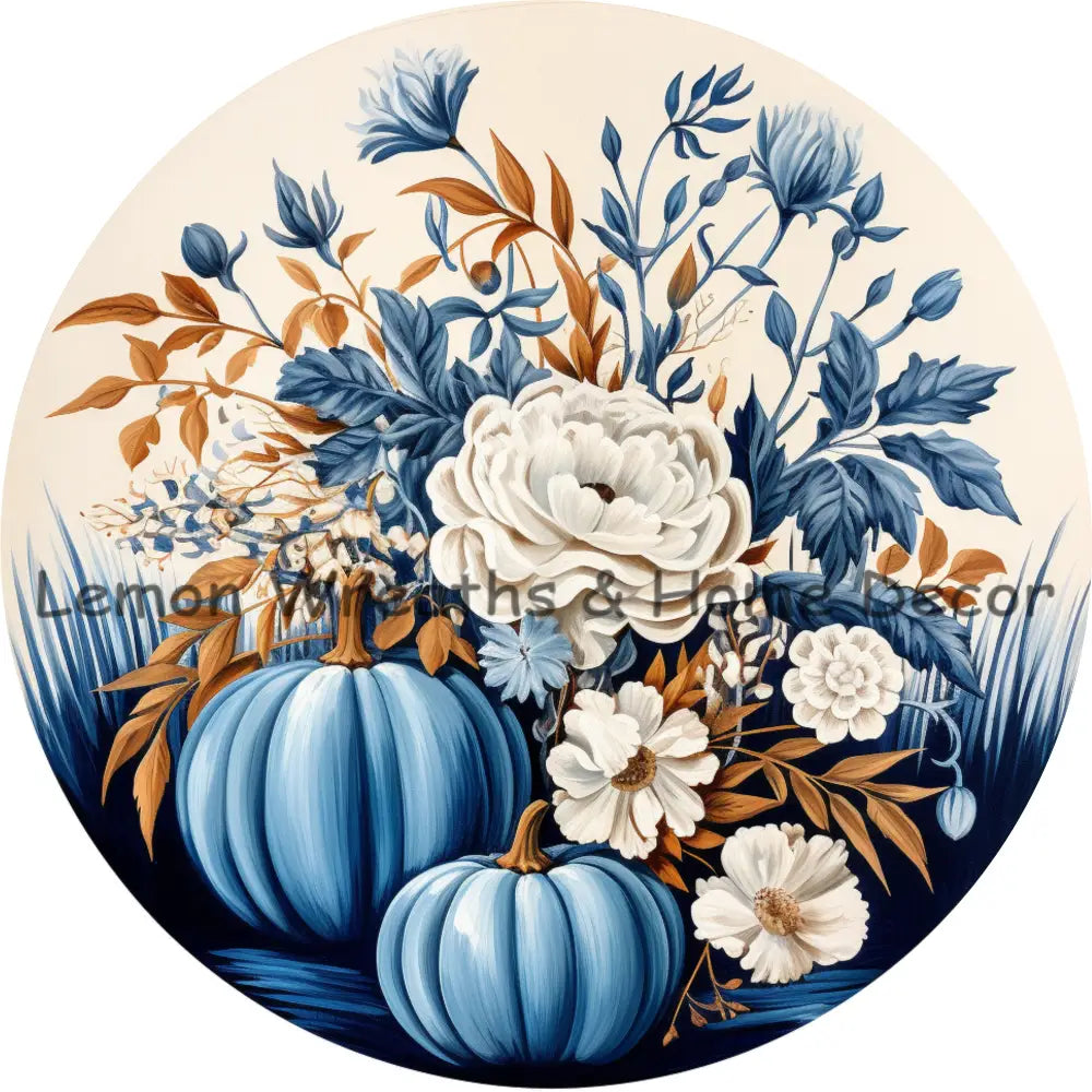 Hello Fall Blue Pumpkins Floral Display Metal Sign 6 / No Text
