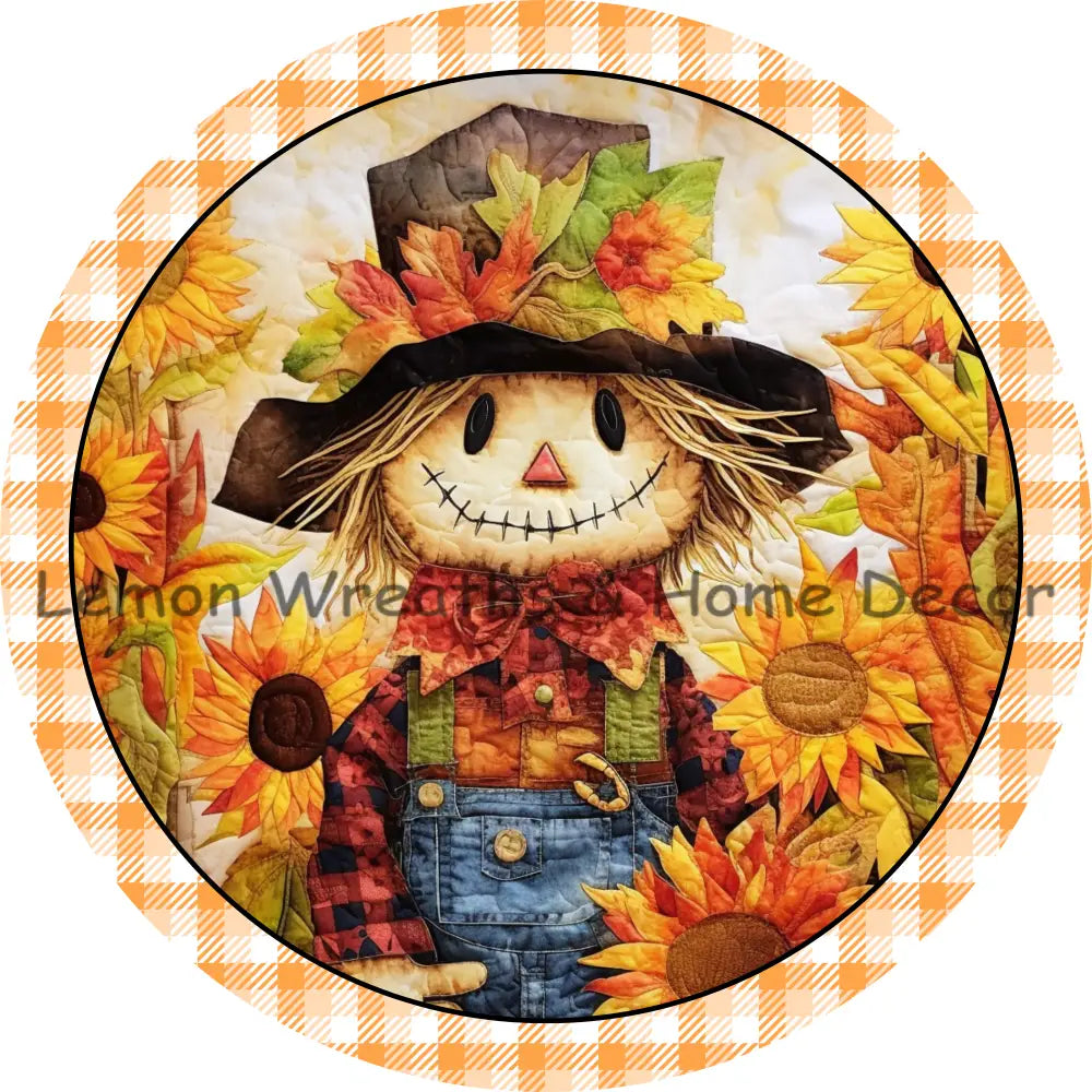 Hello Fall Quilted Scarecrow Blue Overalls Metal Sign 6’’ / No Text