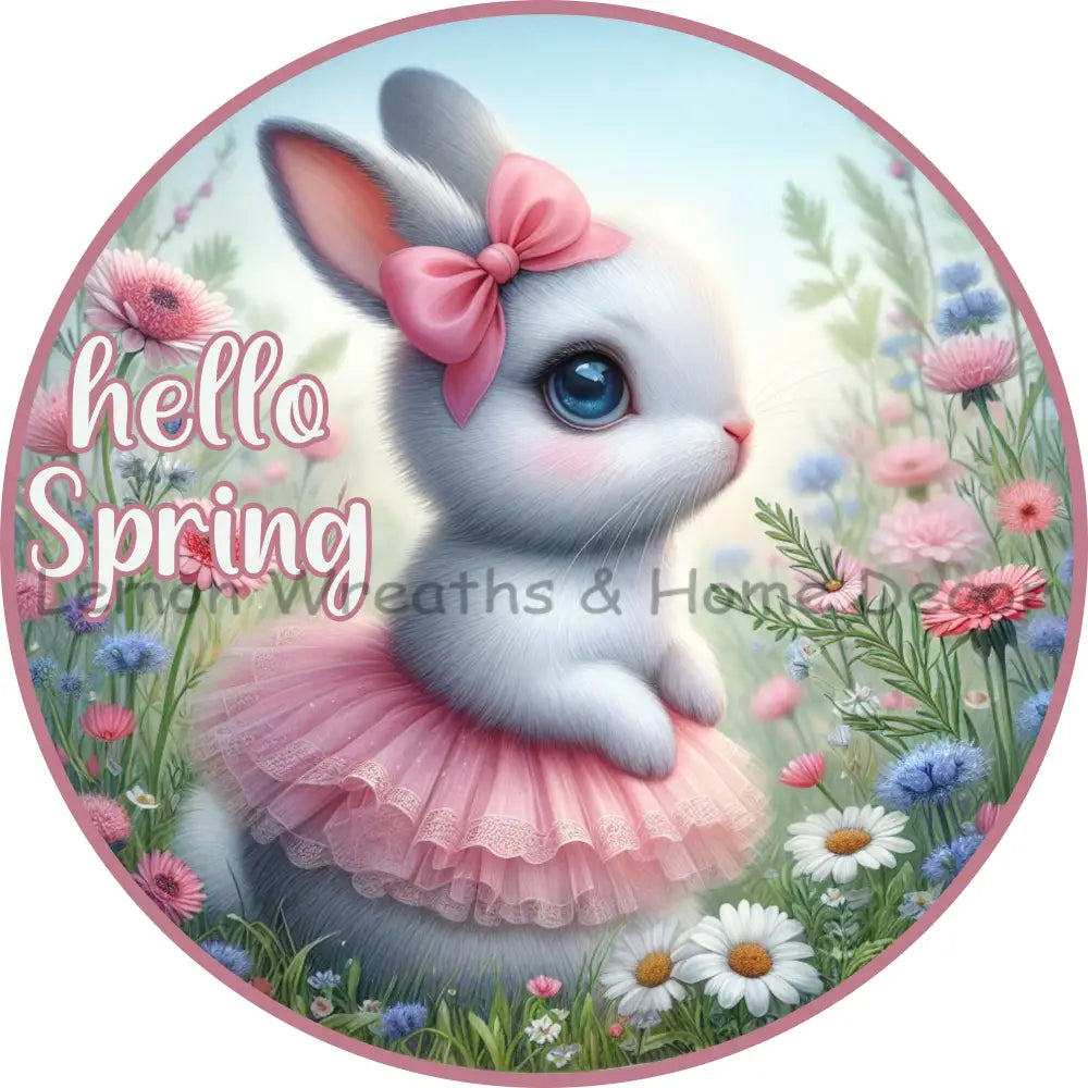 Hello Spring Bunny Pink Tutu Metal Sign