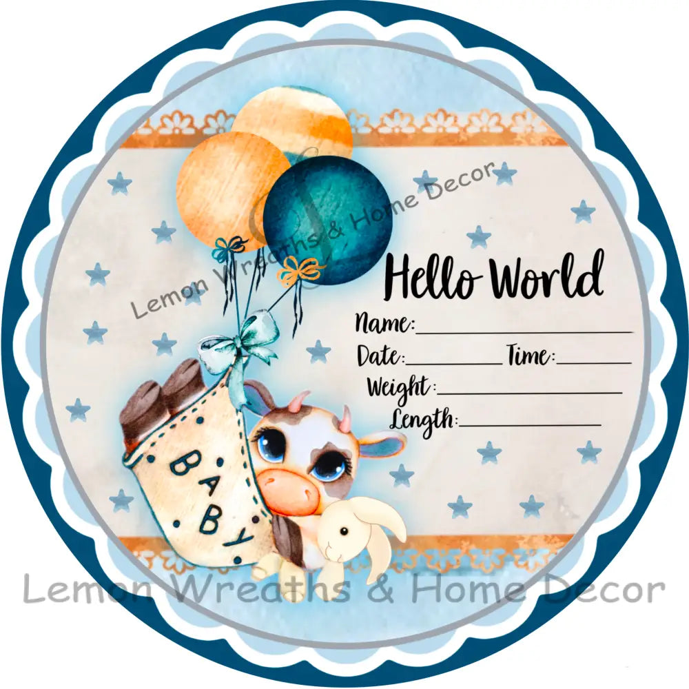 Hello World Baby Boy Birth Announcement Metal Sign – Lemon Wreaths