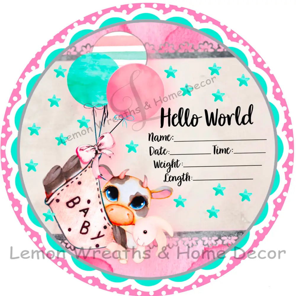 Hello World Baby Girl Birth Announcement Metal Sign 8
