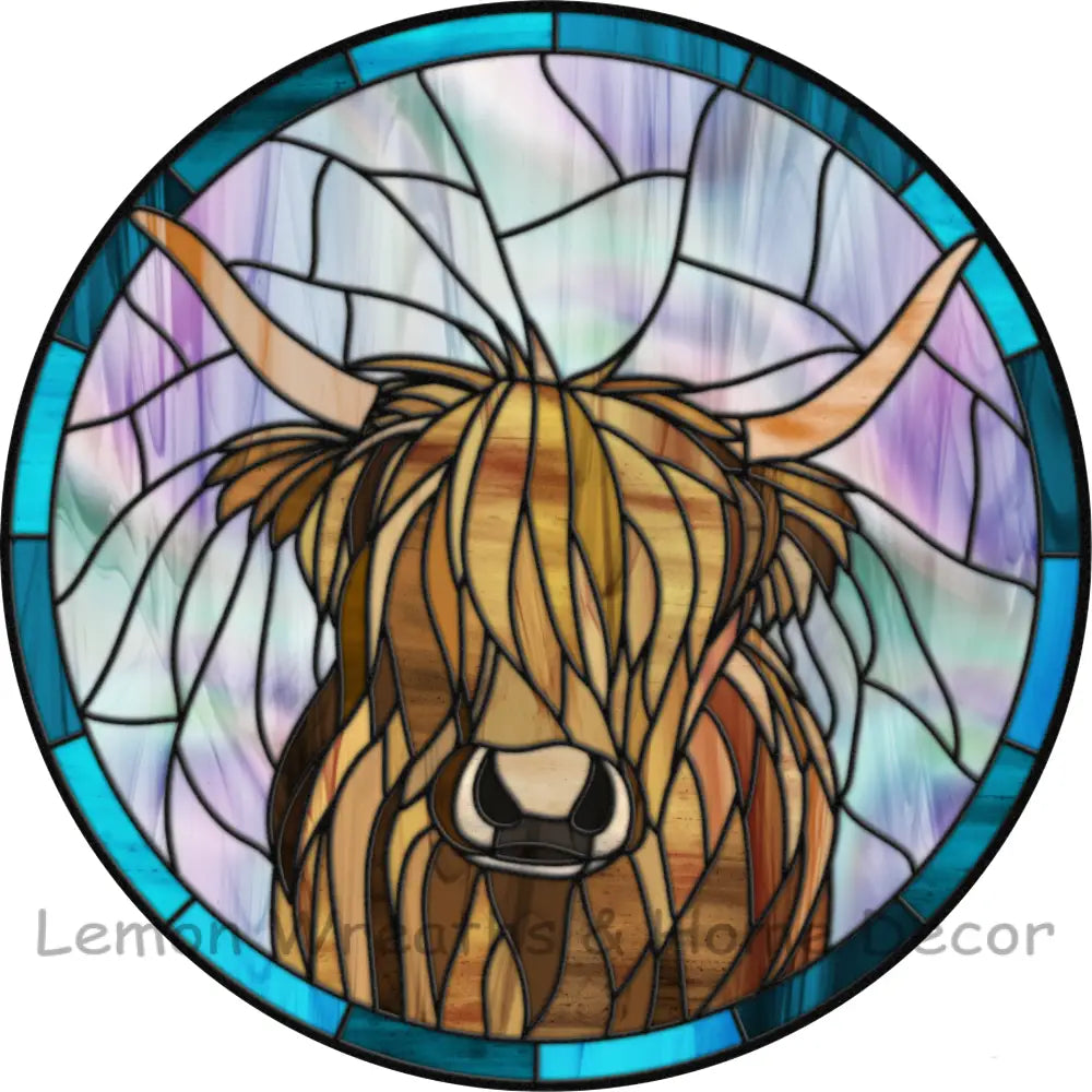 Hiland Cow Blue Faux Stained Glass Metal Sign 8