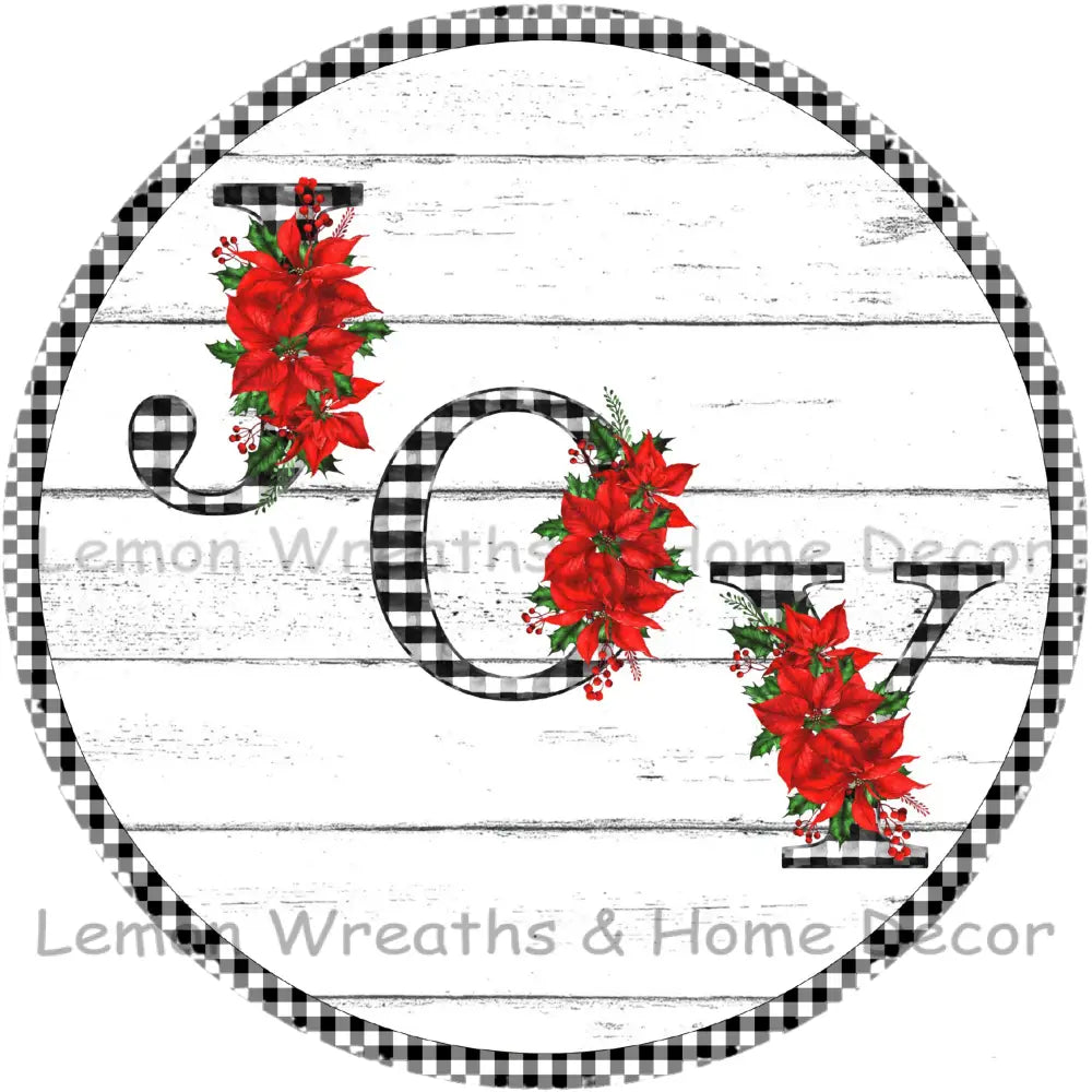Joy Poinsettias Buffalo Check Metal Sign
