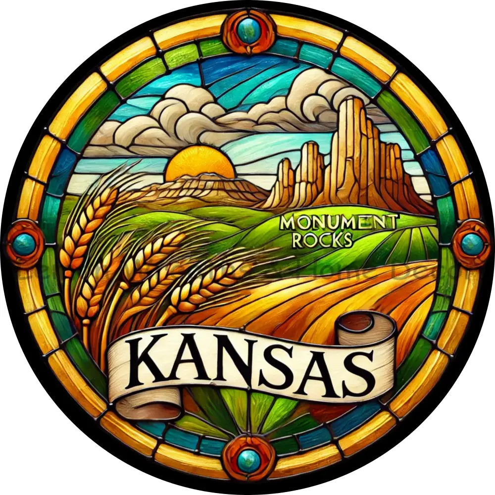Kansas Faux Stained Glass Metal Sign
