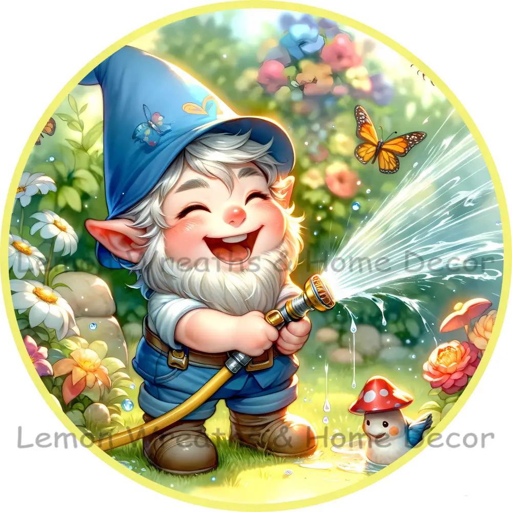 Laughing Gnome Watering Flowers Metal Sign