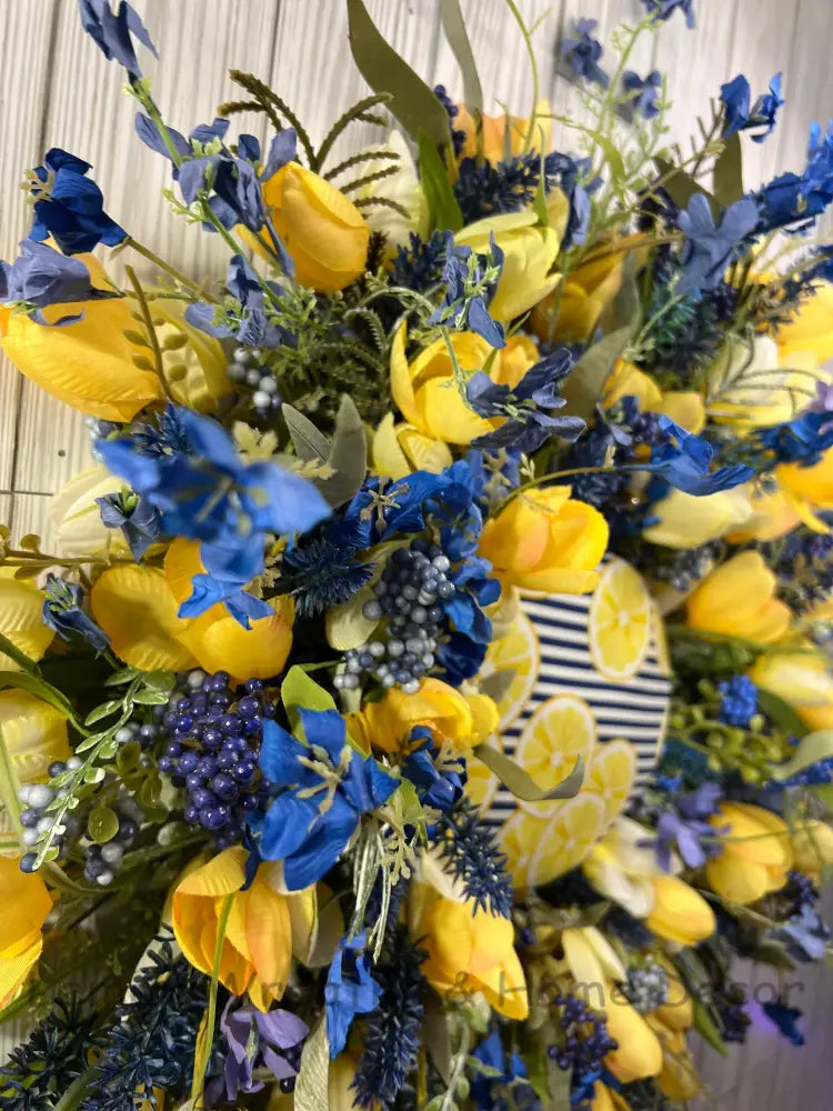 Lemon And Spring Blue Floral Wreath