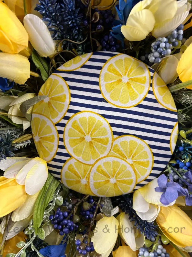Lemons And Stripes Navy Blue Fabric Center
