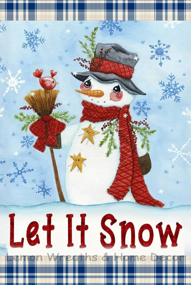 Let It Snow Blue Plaid Metal Sign
