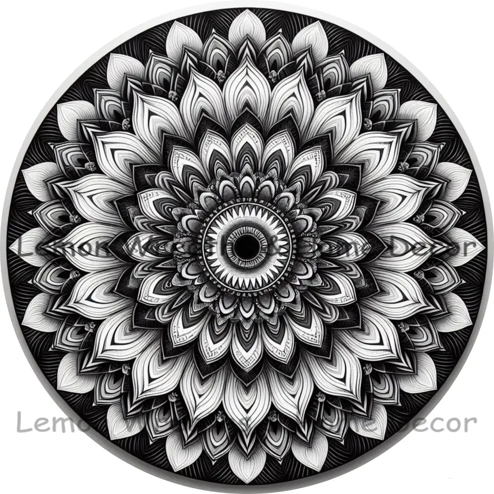 Mandala Flower Center Black And White Metal Sign