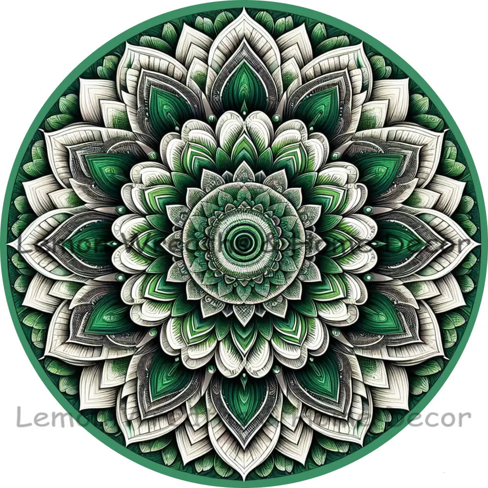 Mandala Flower Center Green And White Metal Sign