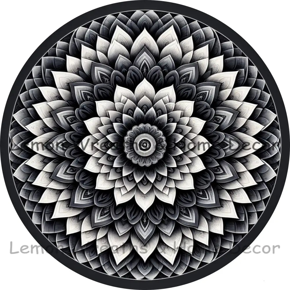 Mandala Flower Center Monochrome Metal Sign