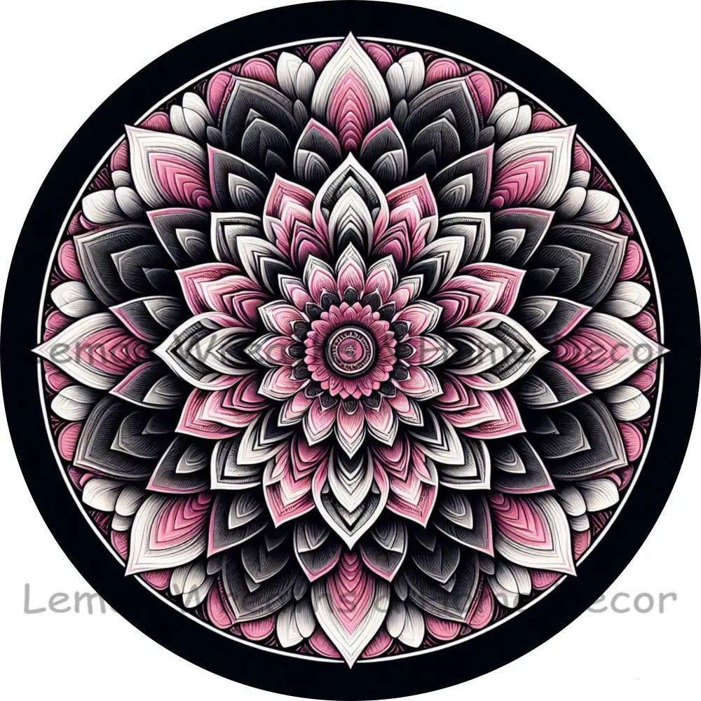 Mandala Flower Center Pink Black And White Metal Sign