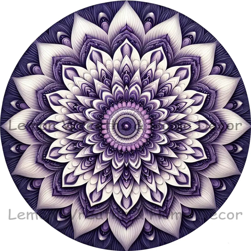 Mandala Flower Center Purple And White Metal Sign