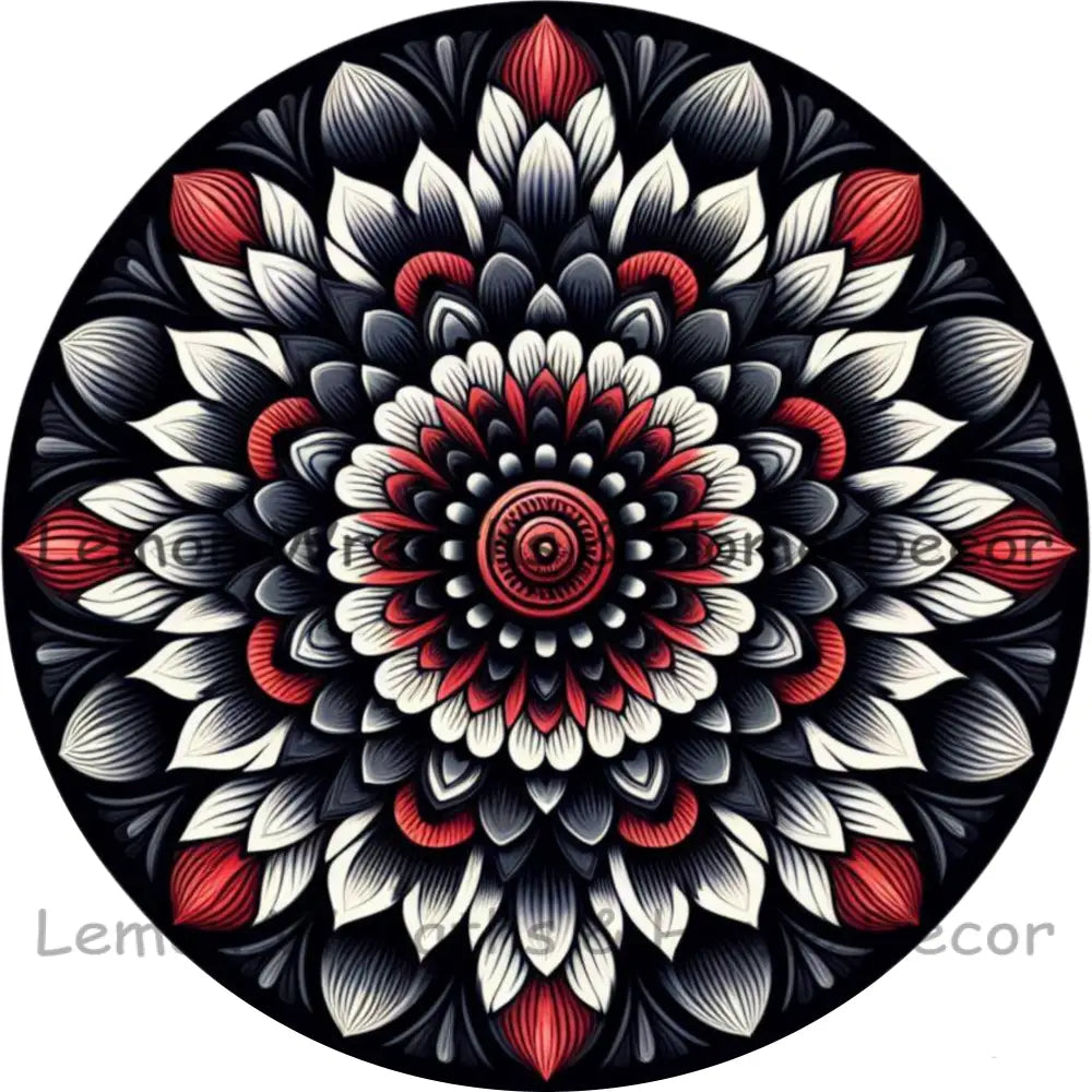 Mandala Flower Center Red Black And White Metal Sign