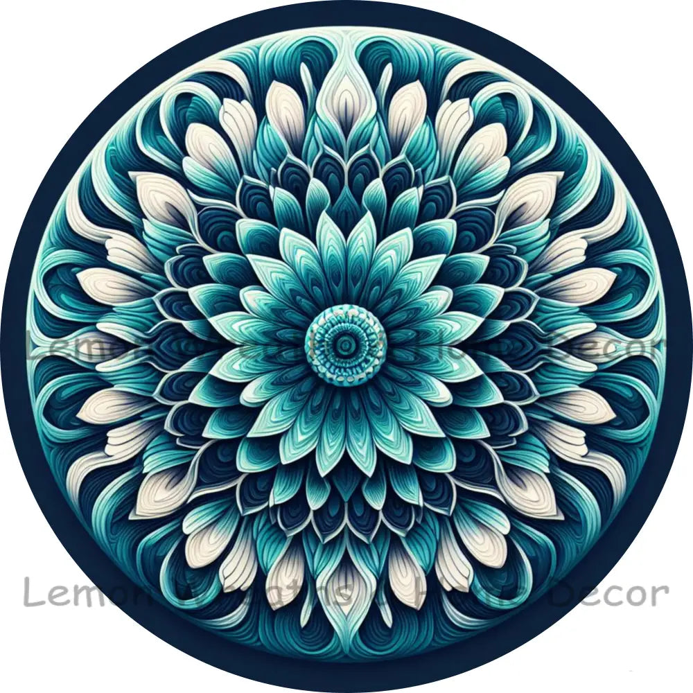 Mandala Flower Center Shades Of Turquoise Metal Sign