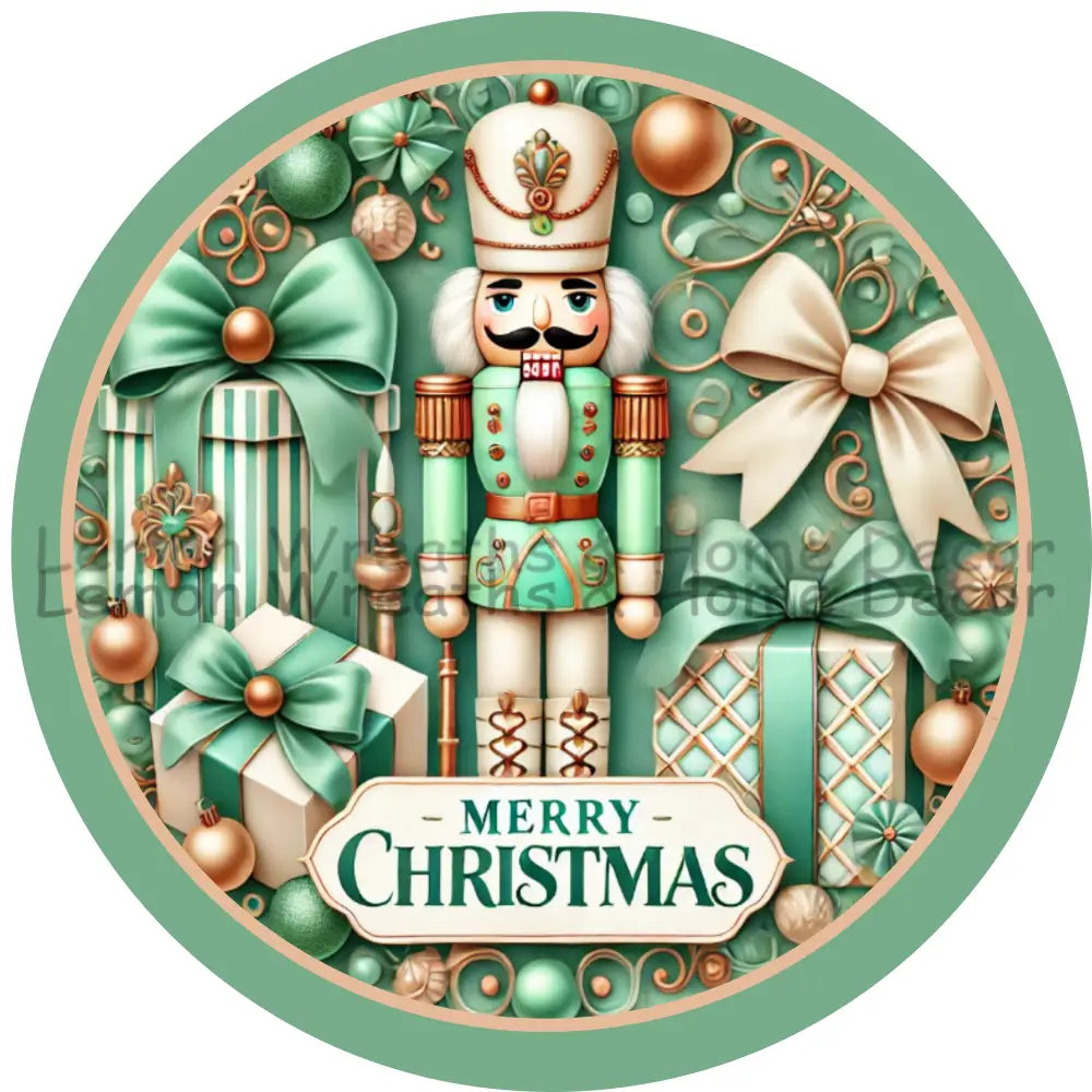 Merry Christmas Nutcracker Mint Green & Gold Metal Sign