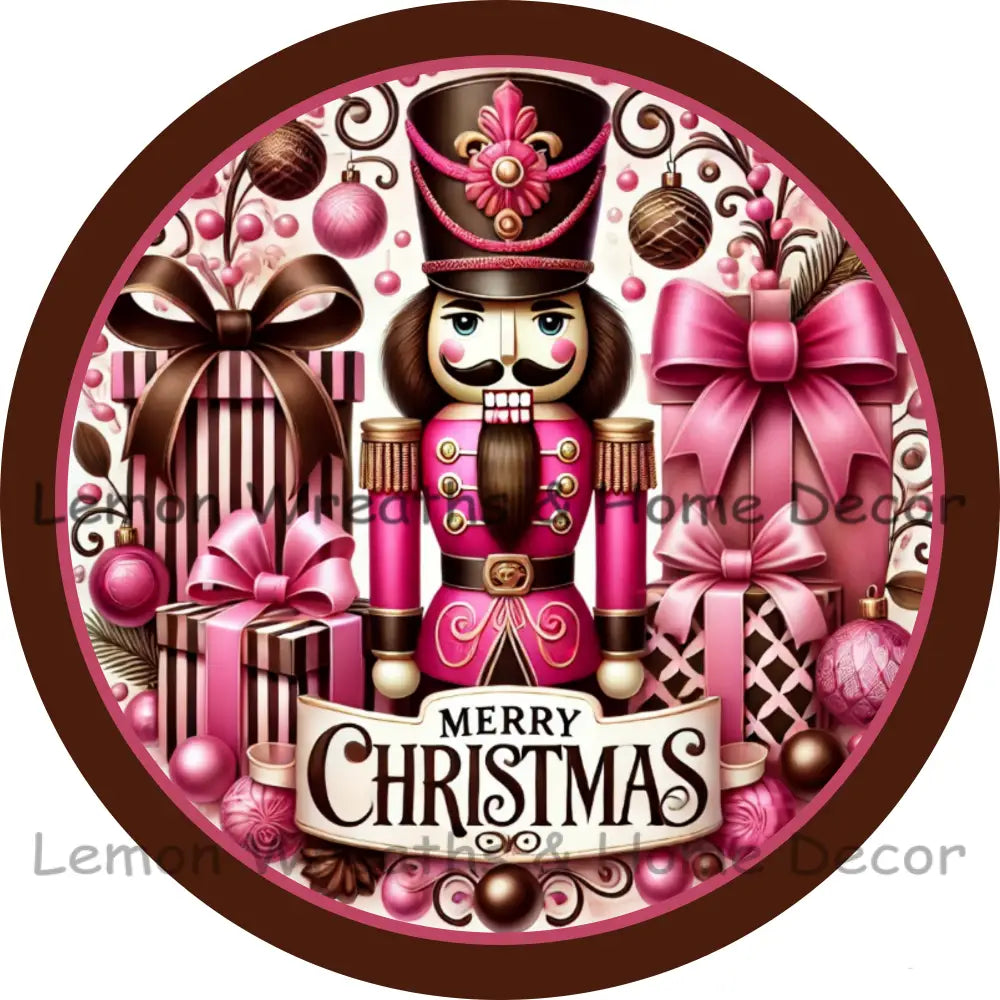 Merry Christmas Nutcracker Pink & Chocolate Metal Sign
