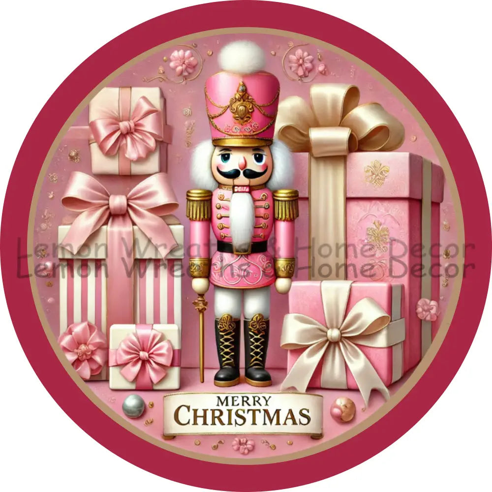Merry Christmas Nutcracker Pink & Gold Metal Sign