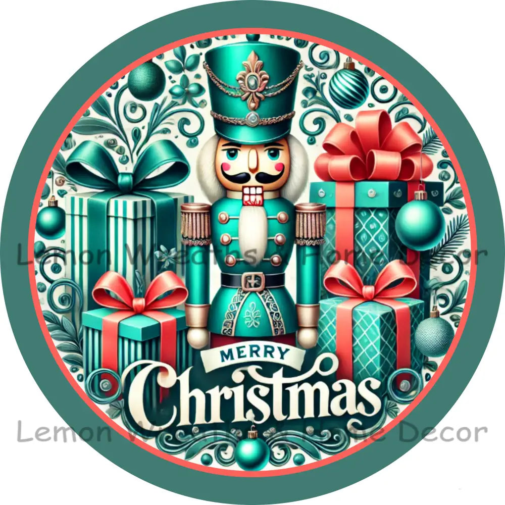 Merry Christmas Nutcracker Teal & Coral Metal Sign