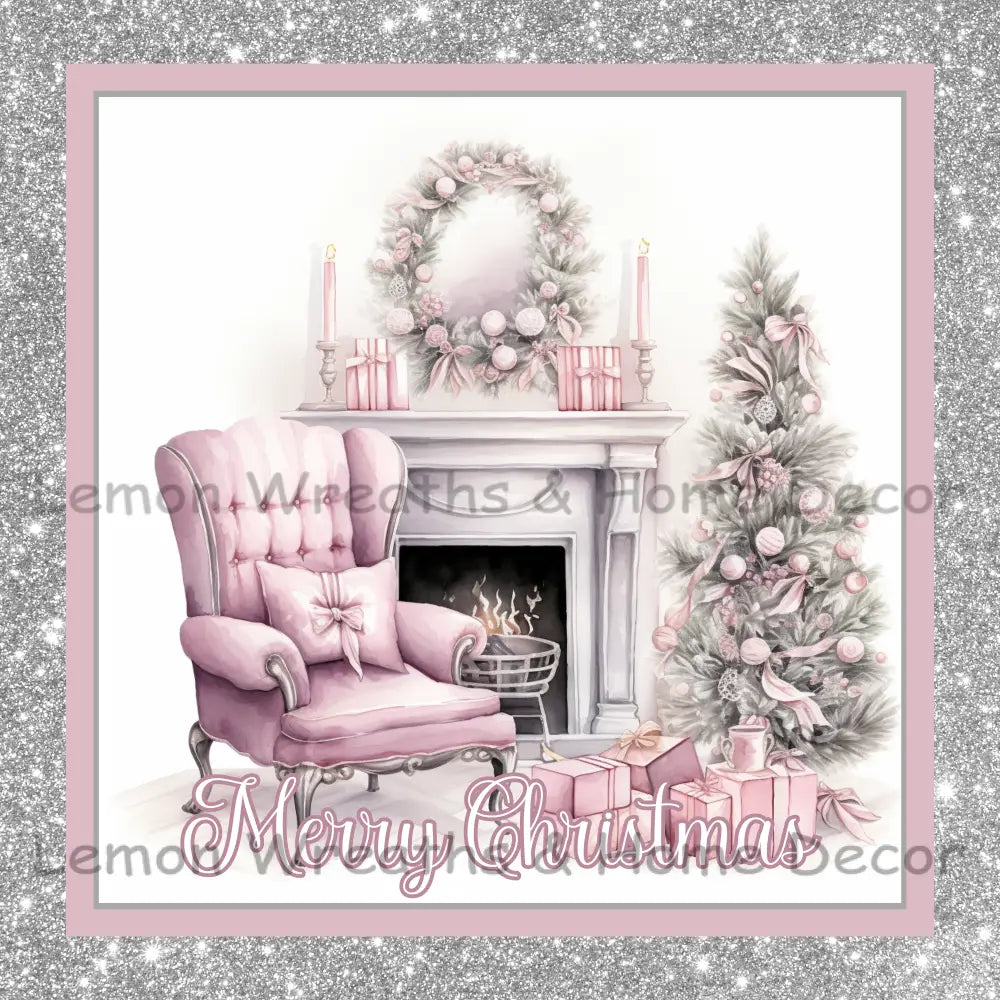 Merry Christmas Pink Fireplace Scene Metal Sign (Happy Holidays Seasons Greetings) 8’’ /