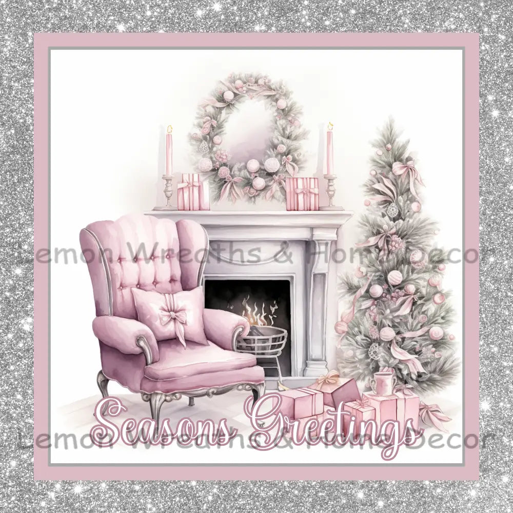 Merry Christmas Pink Fireplace Scene Metal Sign (Happy Holidays Seasons Greetings) 8’’ / Greetings