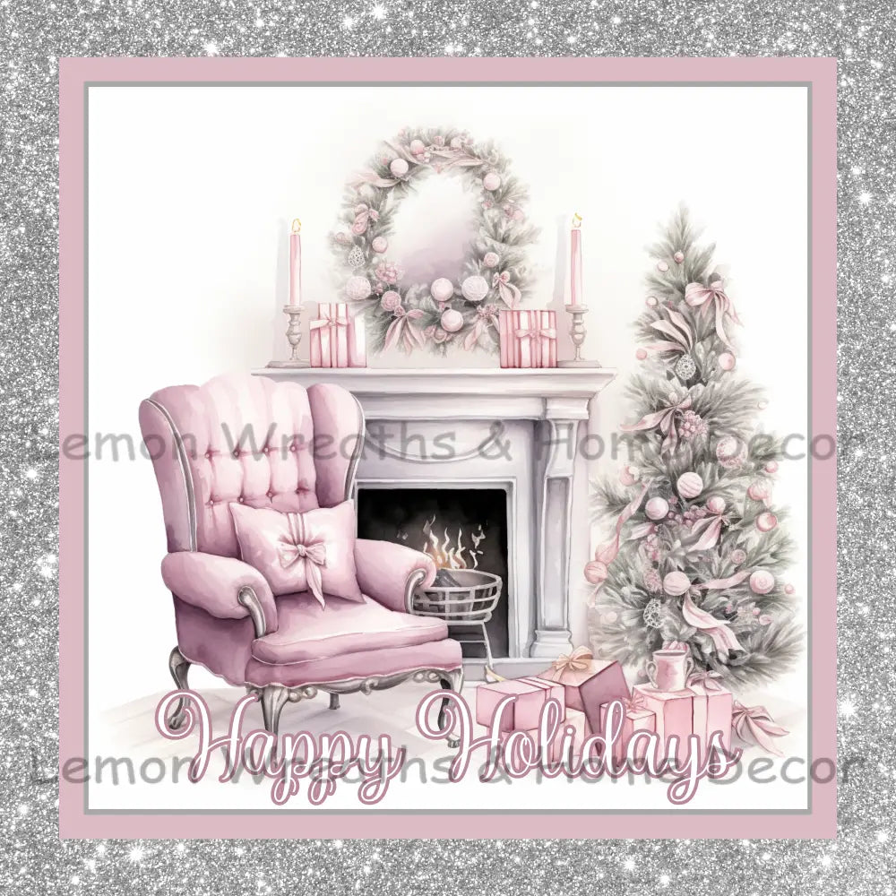 Merry Christmas Pink Fireplace Scene Metal Sign (Happy Holidays Seasons Greetings) 8’’ / Happy