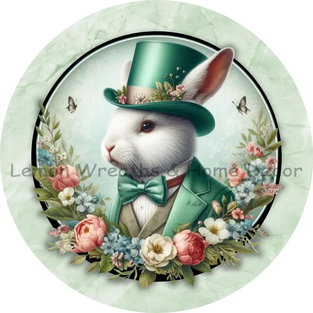 Mint Green Victorian Rabbit W/Top Hat Metal Sign