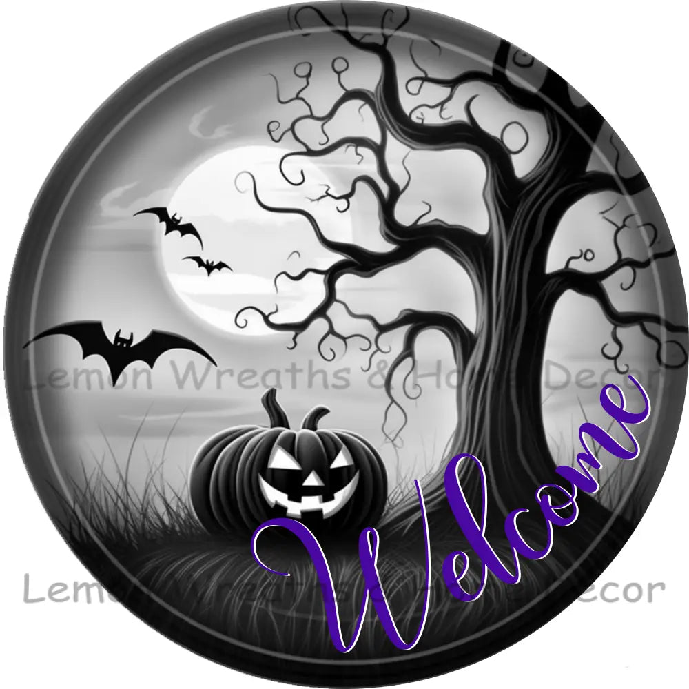 Monochrome Pumpkin & Spooky Tree Halloween Metal Sign