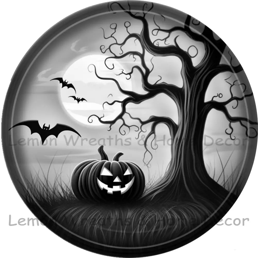 Monochrome Pumpkin & Spooky Tree Halloween Metal Sign
