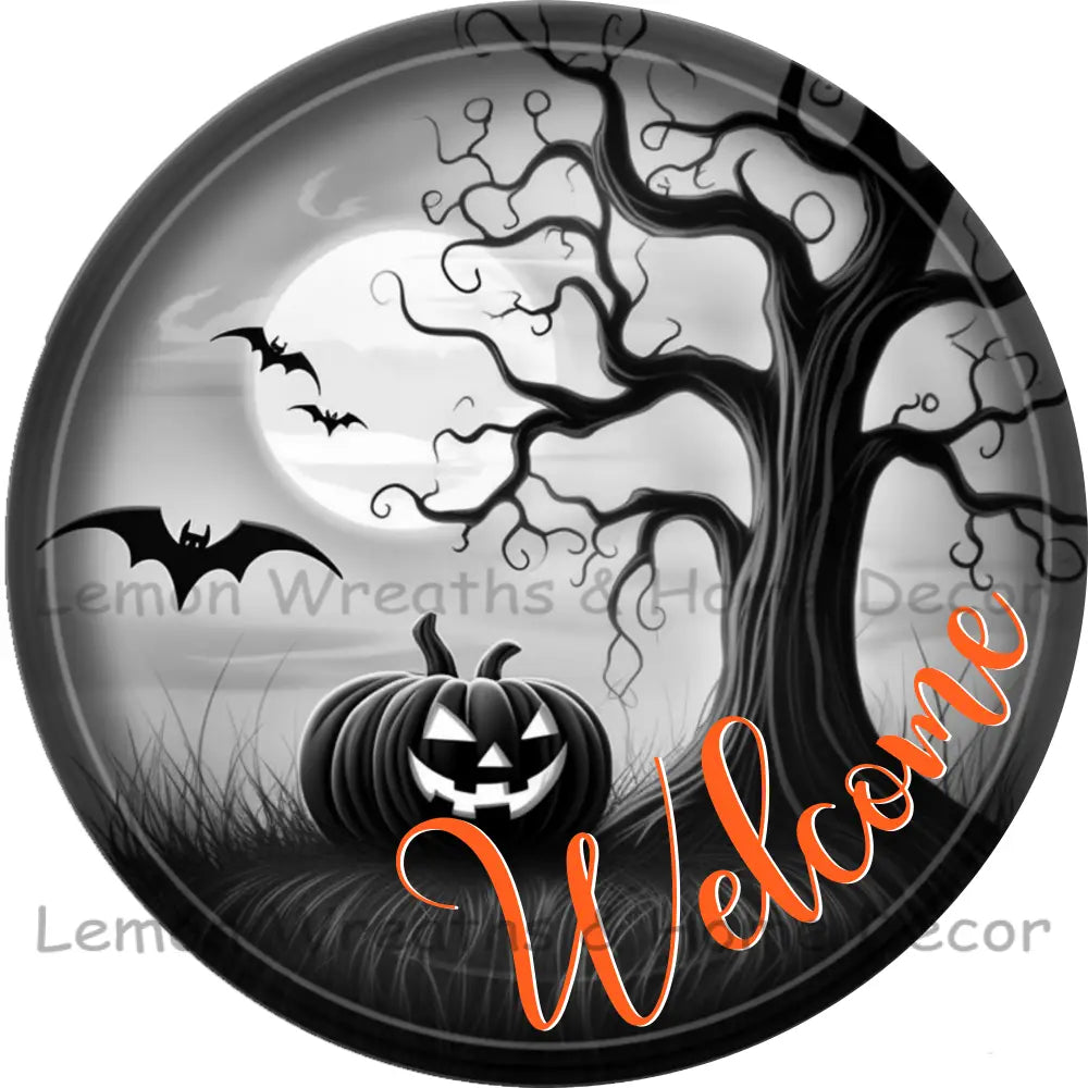 Monochrome Pumpkin & Spooky Tree Halloween Metal Sign