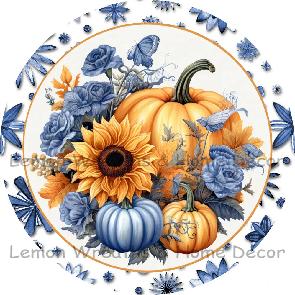 Navy Blue Florals With Orange Pumpkins Fall Metal Sign