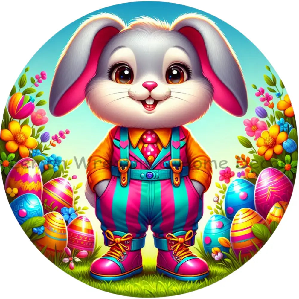 Neon Easter Bunny Wearing Overalls Metal Sign