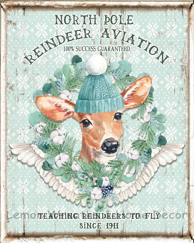 North Pole Reindeer Aviation Winter Metal Sign
