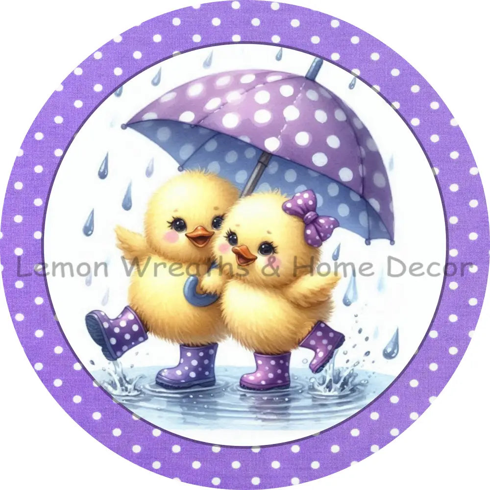 Pair of Ducks In The Rain Purple Polka Dots Metal Sign