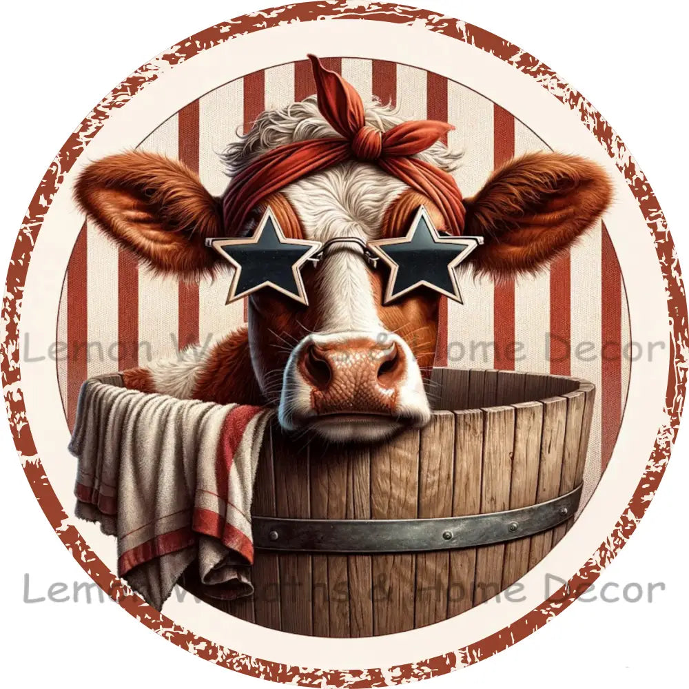 Patriotic Cow In Water Bucket Distressed Border Metal Sign