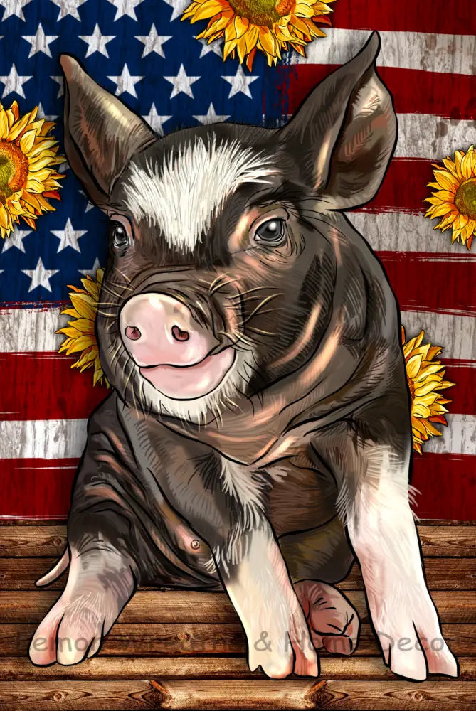Patriotic Pig With Sunflowers Metal Sign