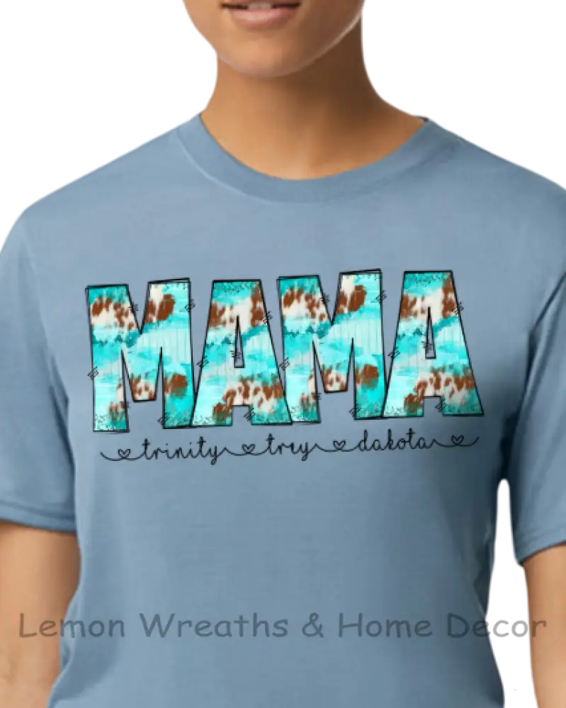 Personalized Turquoise Brown Cow Plaid Design Mama Shirt
