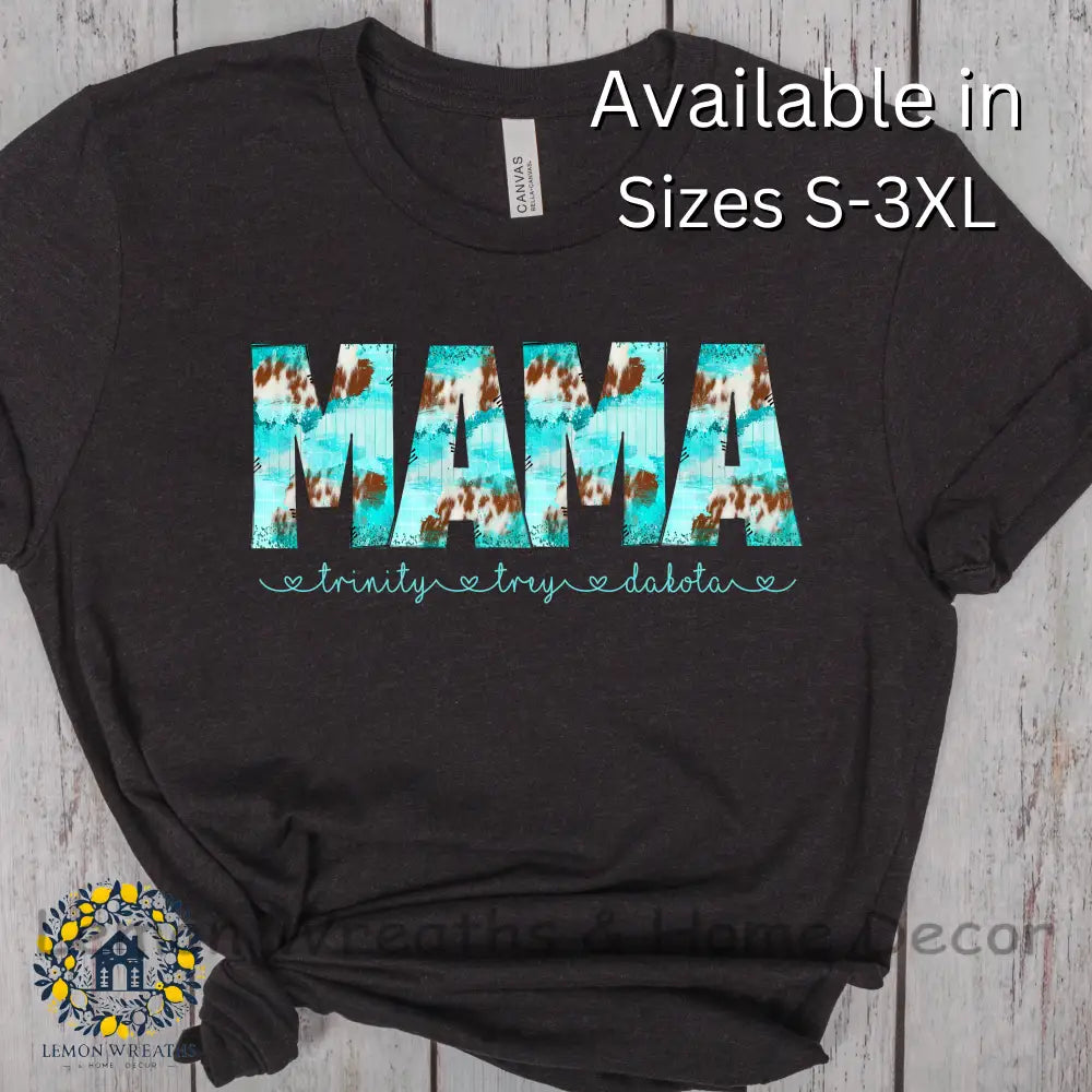 Personalized Turquoise Brown Cow Plaid Design Mama Shirt