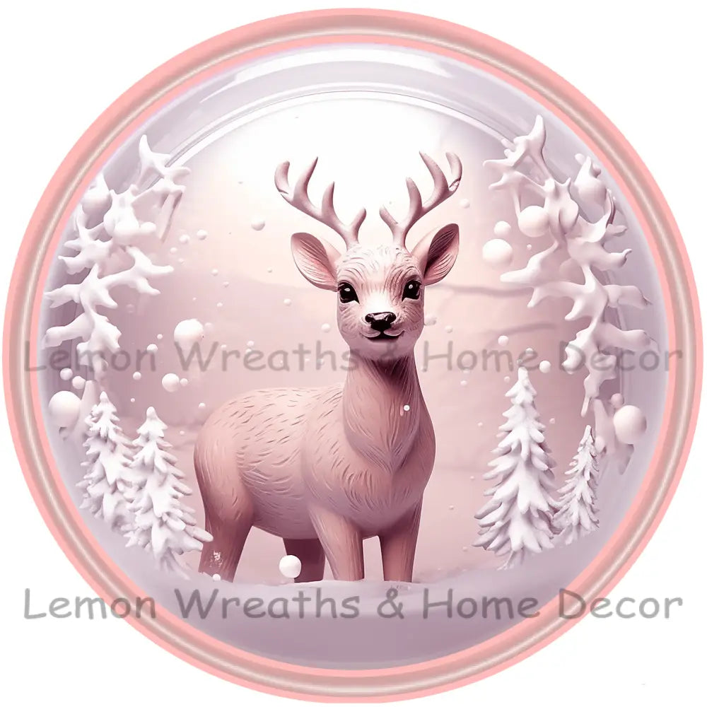 Pink Deer Winter Metal Sign