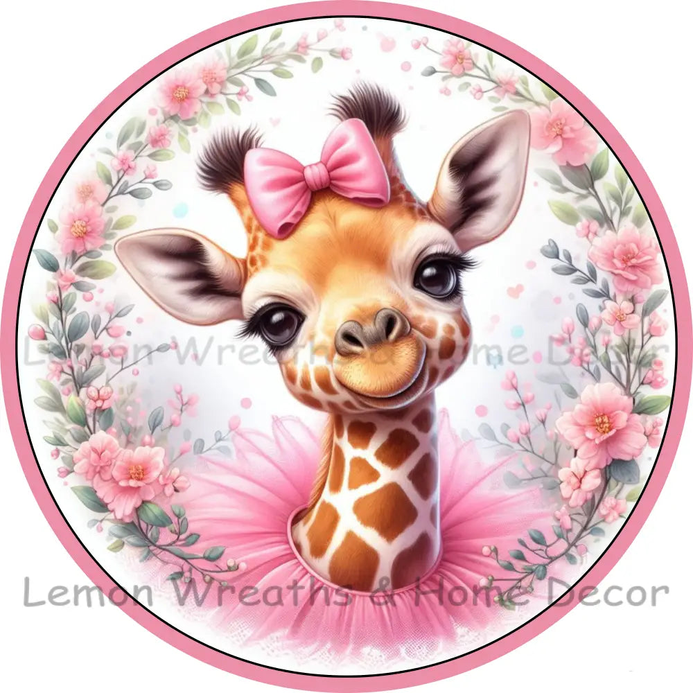 Pink Floral Giraffe With Tutu Metal Sign