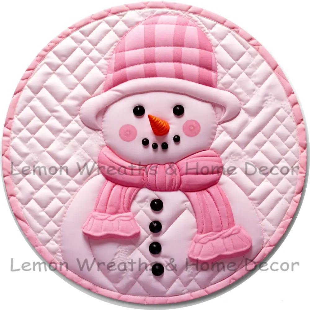 Pink Snowman With Hat Quilted Look Metal Sign