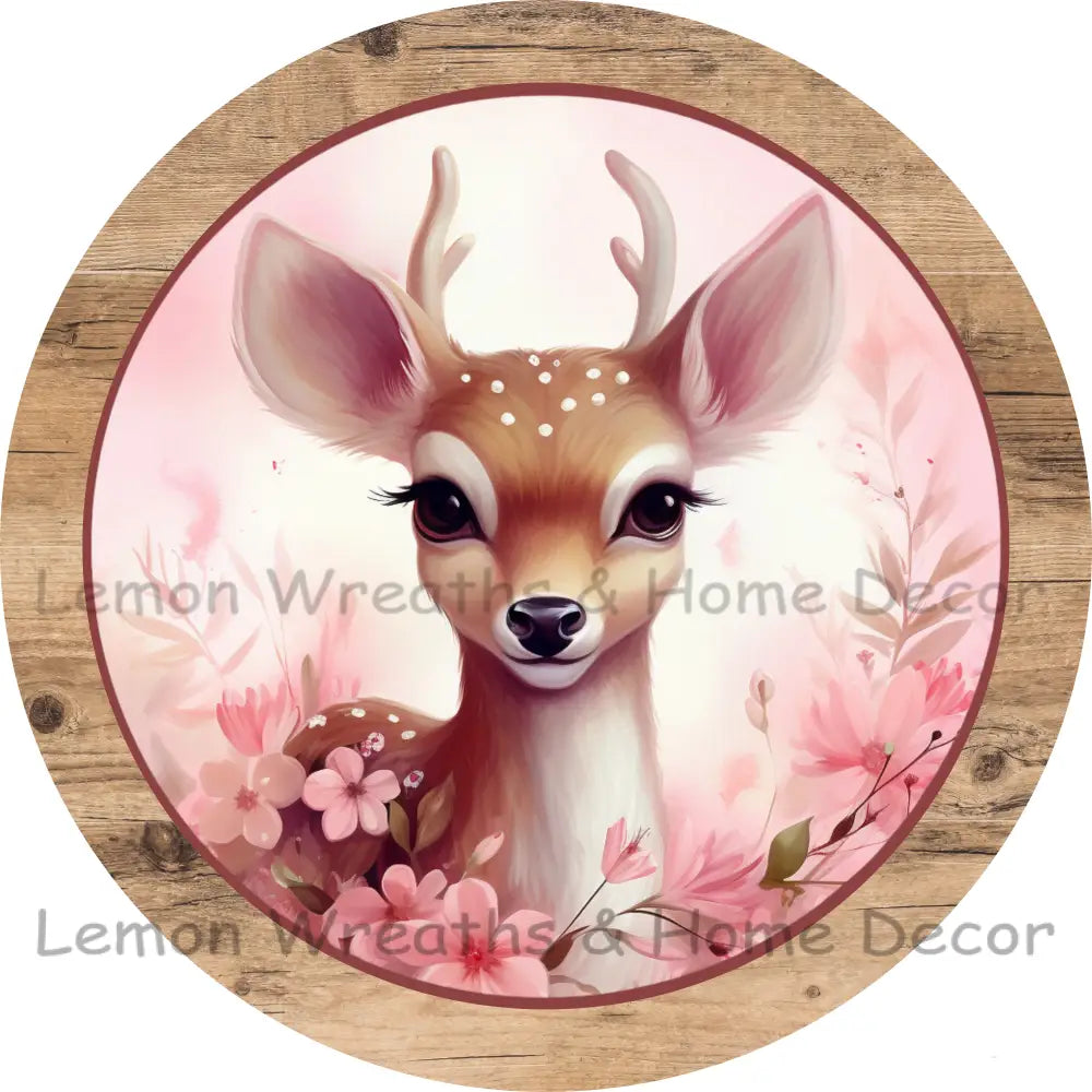Pink Winter Deer Wood Border Metal Sign