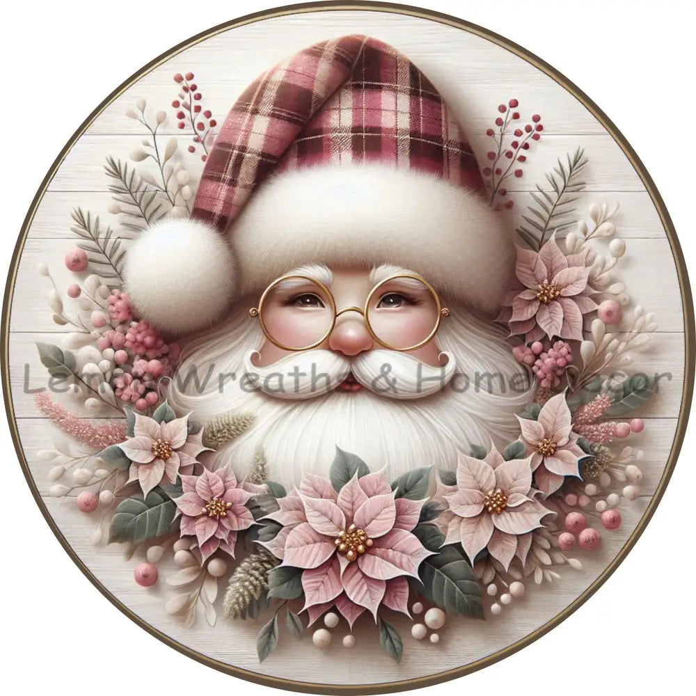Plaid Hat Santa Blush Rose Poinsettias Metal Sign