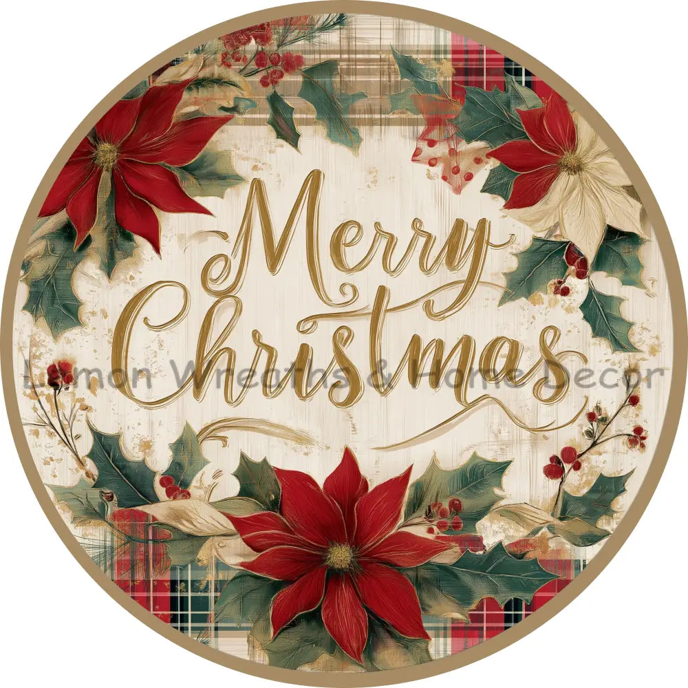 Plaid Poinsettia Merry Christmas Metal Sign