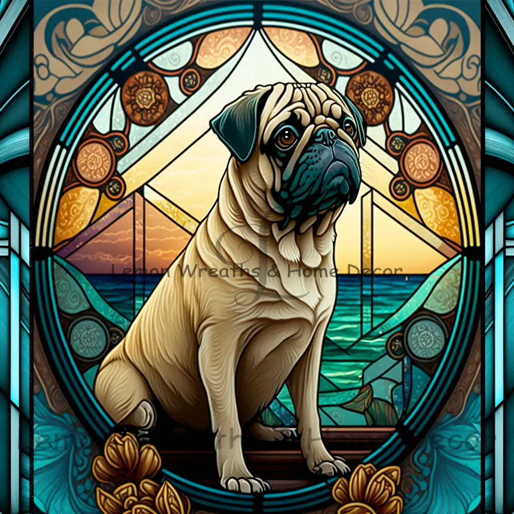 Pug Dog Breed Faux Stained Glass Metal Sign