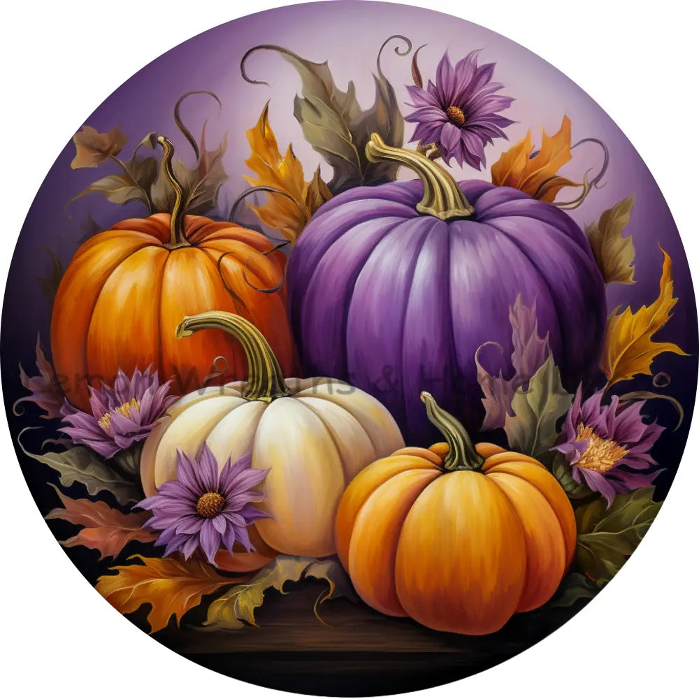 Purple and Orange Pumpkins With Florals Metal Sign