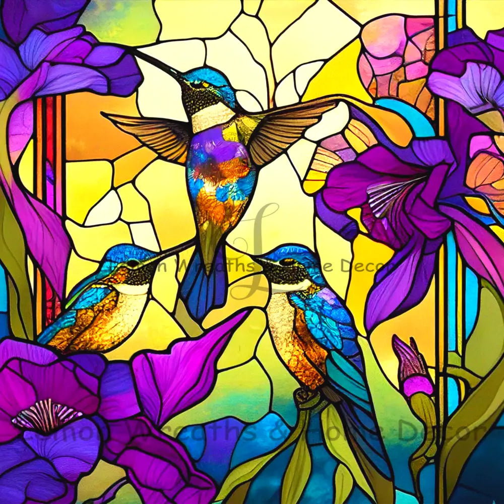 Purple Iris Hummingbirds Faux Stained Glass Metal Sign 8