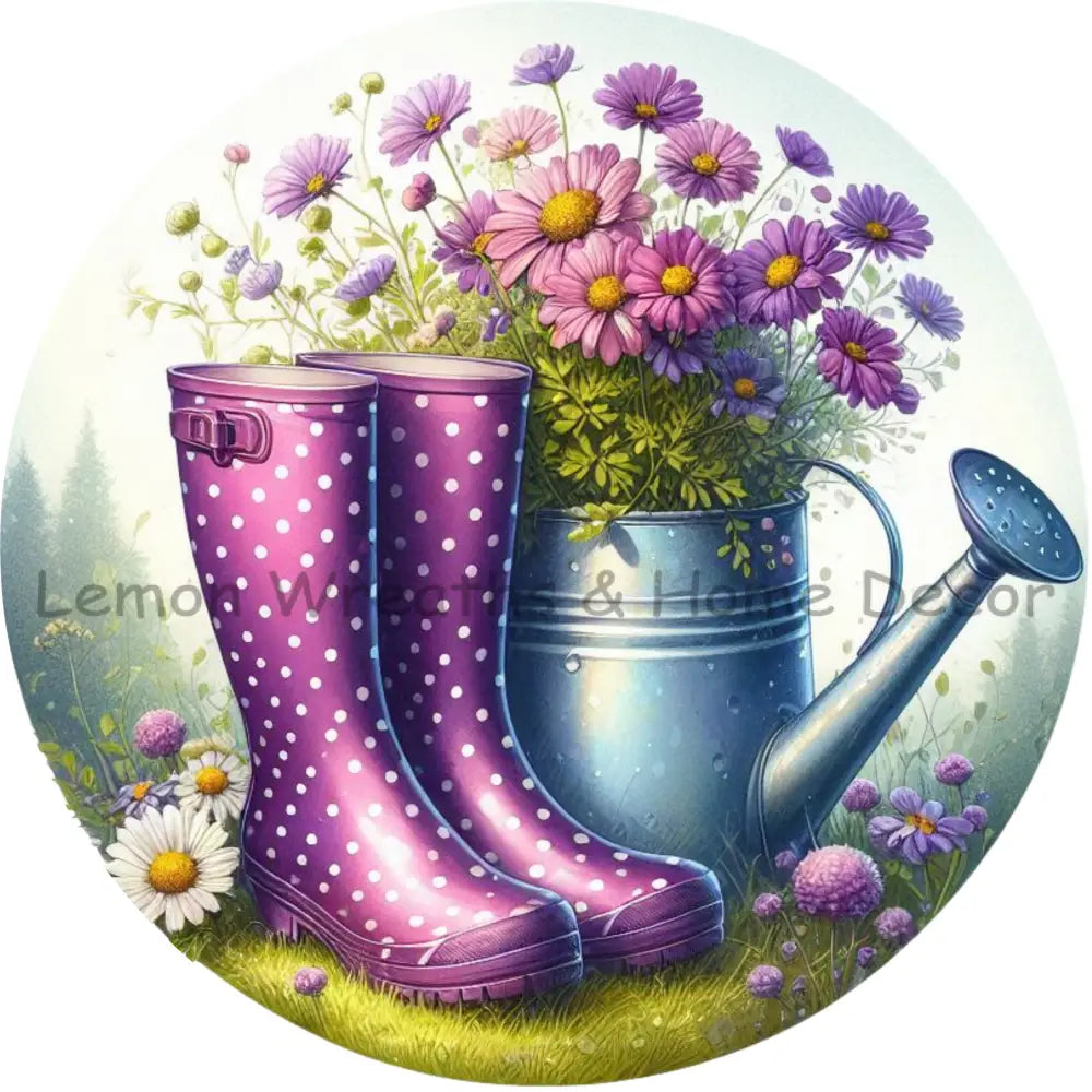 Purple Polka Dot Rain Boots Metal Sign