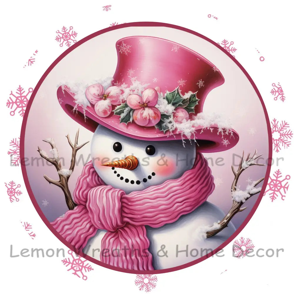 Rainbow Snowman Pink Snowflake Border Metal Sign