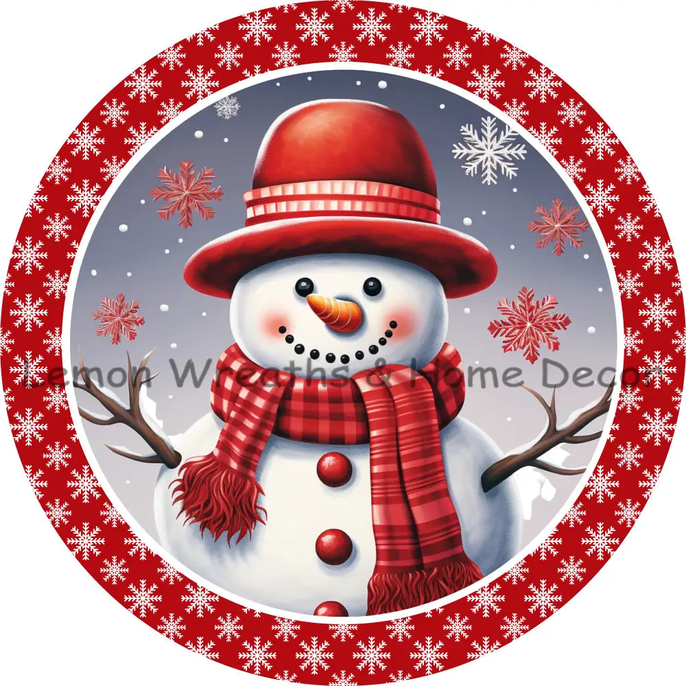 Rainbow Snowman Red Snowflake Border Metal Sign